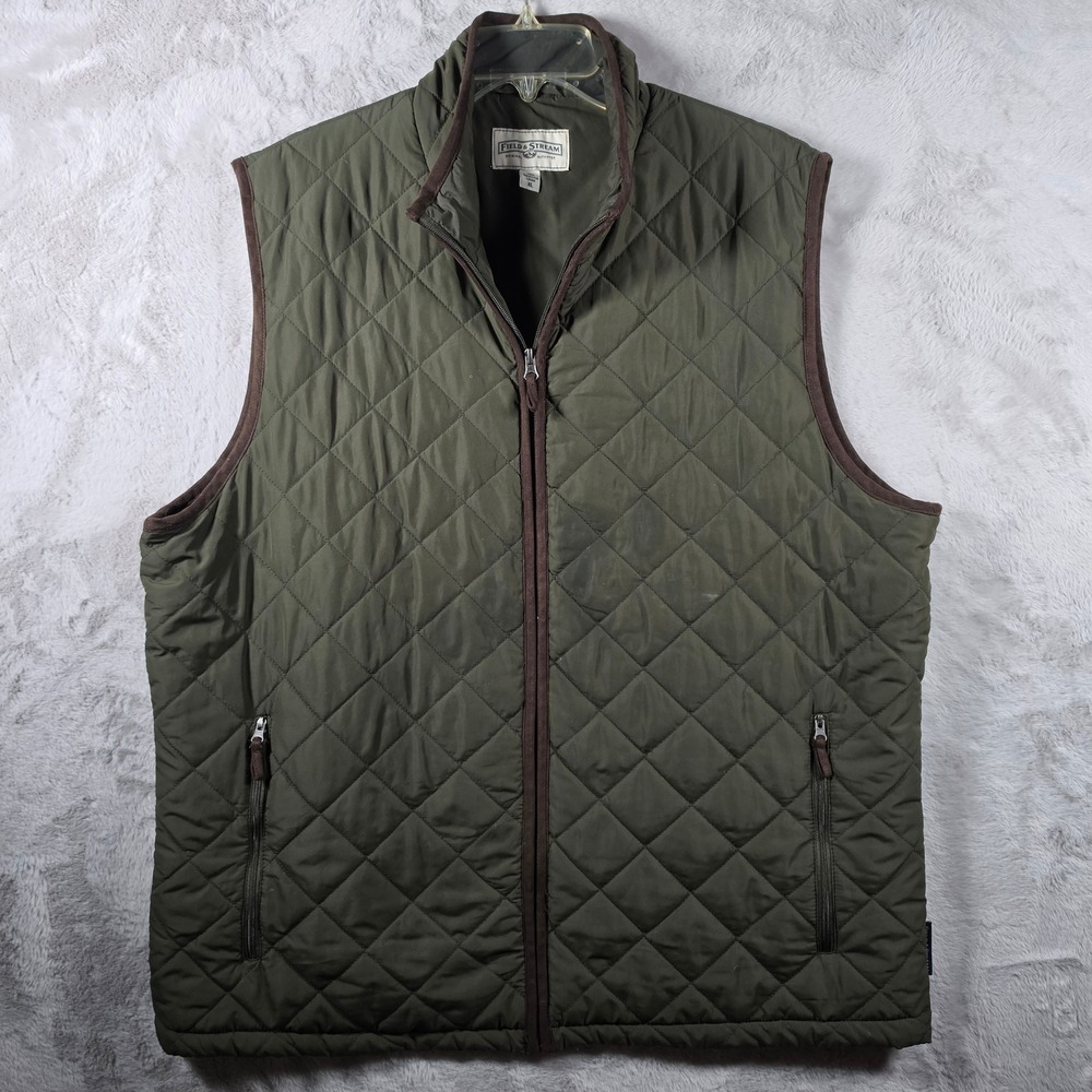 Field & Stream Quilted‎ Puffer Vest Mens XL Green Brown Trim Full Zip Outdoor